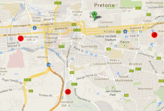 Parkeer-en-ry-gebiede is beskikbaar by die 1) Tshwane Events Centre (Pretoria Skougronde), 2) die Fonteine Vallei-parkeerarea, en 3) die LC de Villers-stadion in Hatfield. Grafika: Google Maps / Phillip Bruwer
