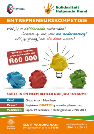 Leerlinge het tot Vrydag 2 Mei om in te skryf vir Helpende Hand se entrepreneurskompetisie. 