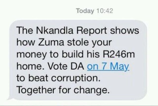 Skermskoot van die SMS (Foto via @democraticalliance, Twitter) 