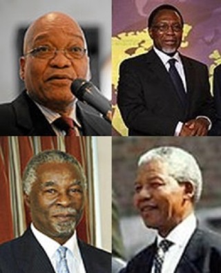 V.l.n.r. pres. Jacob Zuma, oud-pres. Kgalema Motlanthe, oud-pres. Thabo Mbeki, oud-pres. Nelson Mandela Foto's: Wikipedia
