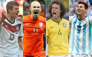 Vier van die bestes: Thomas Müller van Duitsland; Arjen Robben van Nederland; David Luiz van Brasilië en Lionel Messi van Argentinië