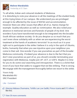 Volgens AfriForum Jeug is die 'n voorbeeld van rassistiese aanmerkings teenoor nie-swart studente wat nie staak nie. Foto: Verskaf
