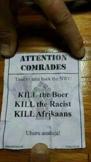 Die pamflet wat op die NWU se Potchefstroomkampus versprei is. 