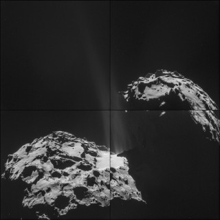 Die gasuitbarstings in die middel kan op hierdie saamgestelde foto gesien word. Foto: ESA/Rosetta/NAVCAM