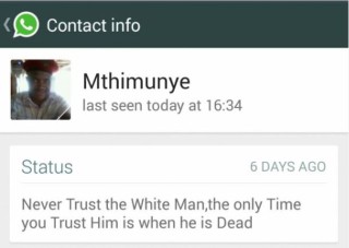 Mthimunye se WhatsApp-status. foto: Verskaf