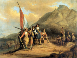 Jan van Riebeeck land in Tafelbaai in April 1652 Grafika:  Charles Davidson Bell (1813–1882)