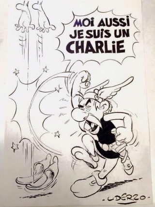 Albert Uderzo se eerste spotprent sedert sy aftrede ter ondersteuning van die Charlie Hebdo-slagoffers