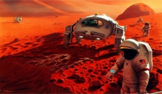 Kunstenaarsvoorstel van 'n bemande sending na Mars Grafika: NASA/Pat Rawlings, SAIC
