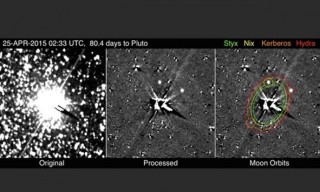 NASA se New Horizons-ruimtetuig het hierdie foto op 25 April 2015 geneem van Pluto se mane Foto: NASA/JHU-APL/SwRI