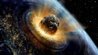 Kunstenaarsvoorstelling van 'n asteroïde wat die aarde tref