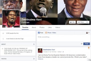 'n Skermskoot van die valse Zwelinzima Vavi-profiel op Facebook.