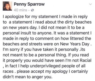 Penny Sparrow het later op Facebook om verskoning gevra vir die inskrywing. Foto: Facebook