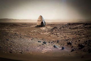 'n Uitbeelding van die landingstuig op Mars (Grafika: SpaceX)