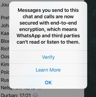 Skermskoot van die kennisgewing wat WhatsApp-gebruikers op 5 April 2016 ontvang het