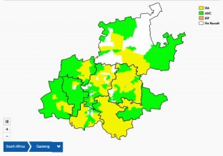 Die voorlopige uitslag in Gauteng. Die groen gedeeltes verteenwoordig steun vir die ANC, die geel gedeeltes is steun vir die DA en die wit gedeeltes is munisipaliteite waar die stemme nog nie getel is nie (Grafika: OVK)