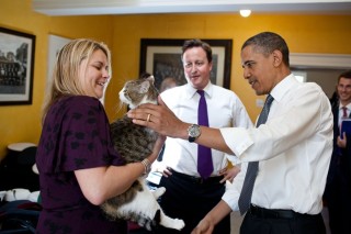Larry die kat saam met David Cameron en President Barack Obama (Foto: Wikipedia/Official White House)