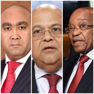 Shaun Abrahams (links), Pravin Gordhan (middel) en pres. Jacob Zuma (regs)