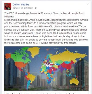 'n Inskrywing wat op 26 Januarie 2017 op Collen Sedibe se Facebook-blad geplaas is.